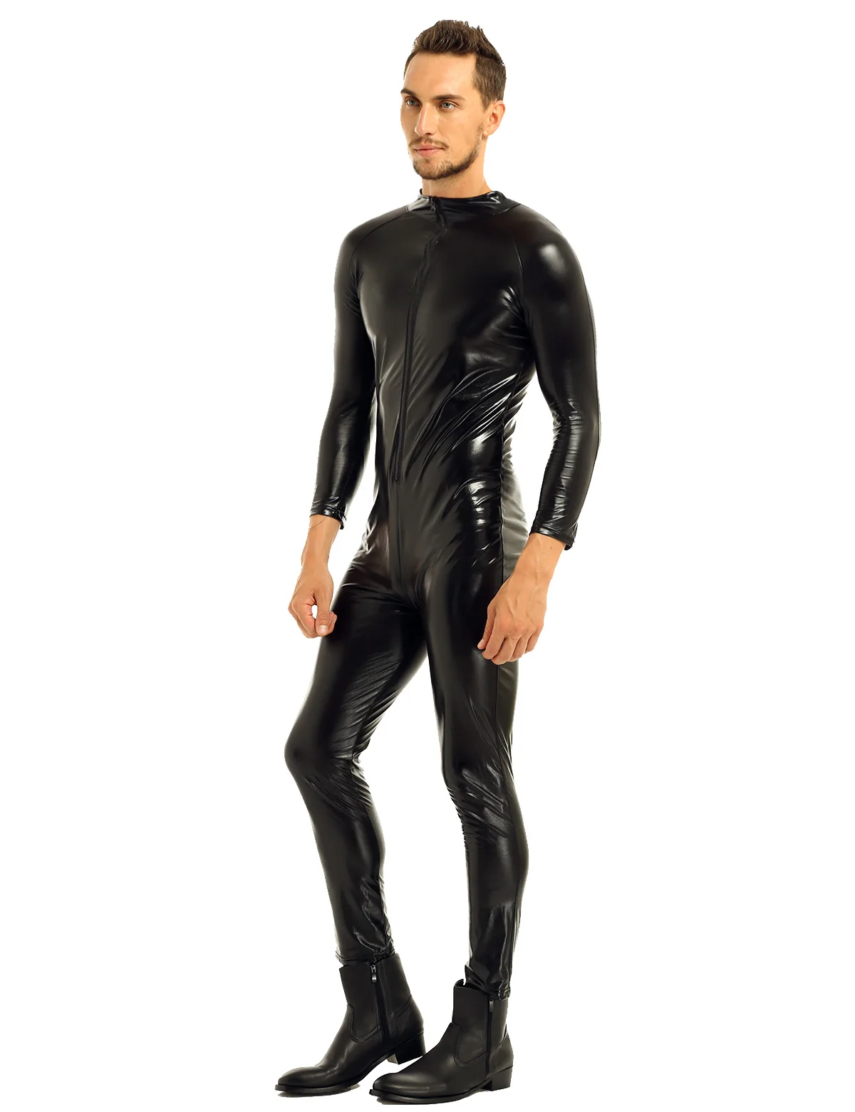 Мужское нижнее белье, костюм-комбинезон, Wetlook, передняя молния, полный комбинезон, Клубная одежда, сексуальный костюм для танцев, рейв-одежда