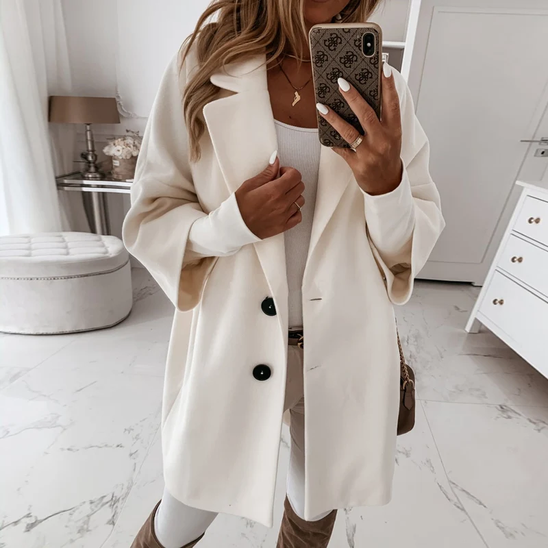 

2021 Women winter Plush Long Coat Single-breasted Design Turn-down collar pockets Three Quarter Sleeve Solid Casual Loose Jacket