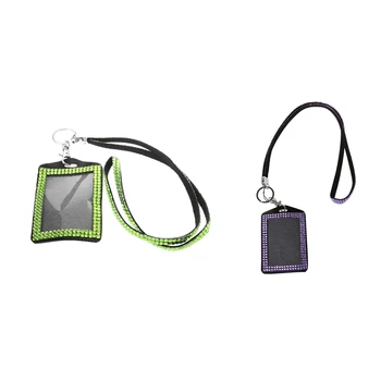 

2 Pcs Rhinestone Bling Crystal Custom Lanyard Vertical ID Badge Holder (Light Green & Light Purple)