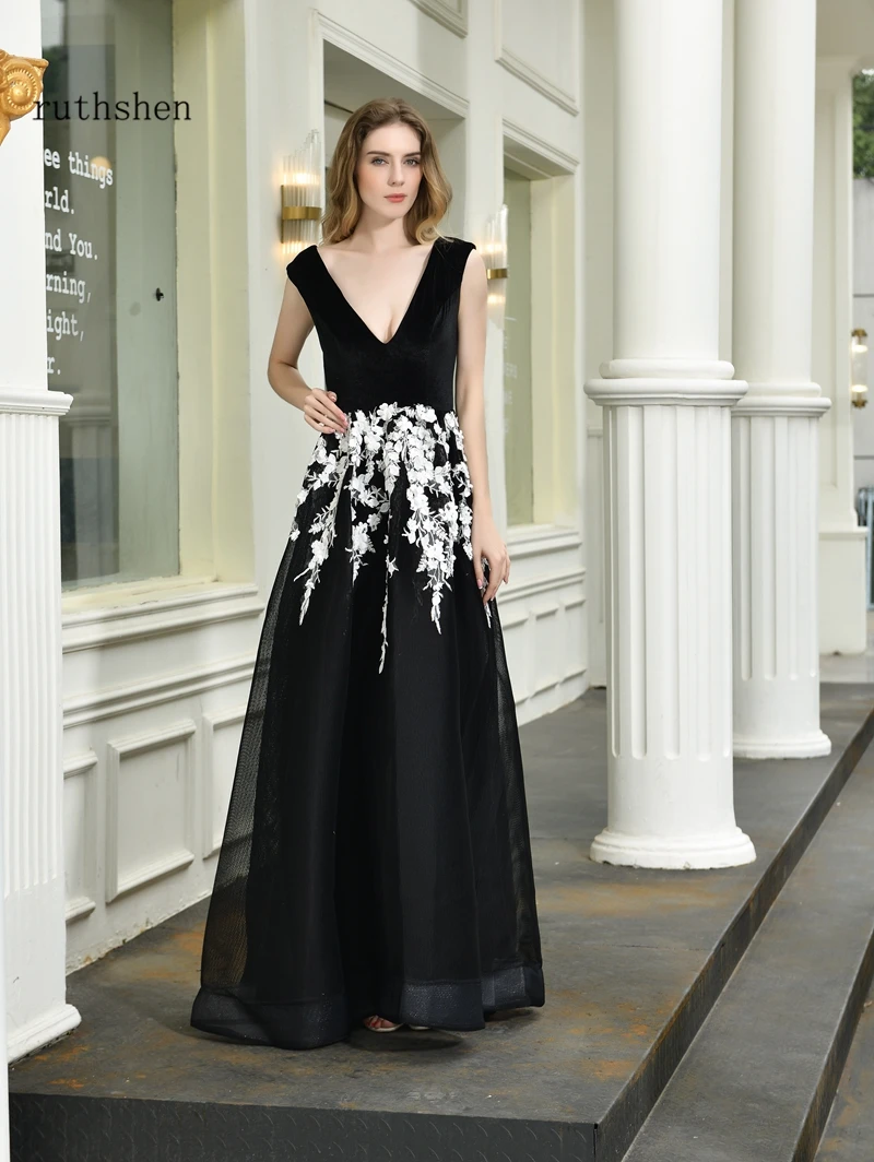 Black Prom Dress Deep V Neck With White Lace Appliques Sexy Robe De Soiree Evening Dresses Long For Women Party