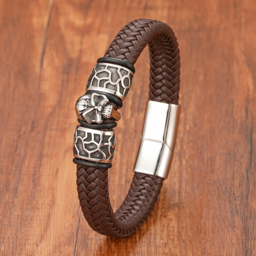 New Retro Style Skull Woven Leather Bracelet for Men Stainless Steel Magnetic Clasp Fashion Jewelry Bangles Gift - Image 4