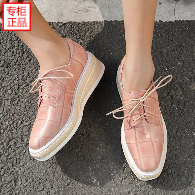 

2019 Spring New Style Genuine Leather Black Powder Platform WOMEN'S Shoes Deep Mouth Lace-up Slanted Heel High Heels round Head