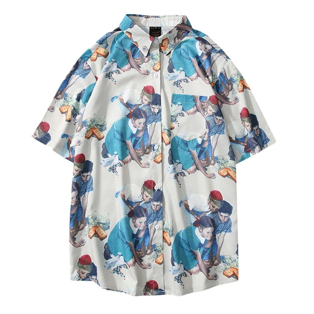 

Men Shirts Printed Short Sleeve Men Top Shirt Blouse Slim Fit man tee Turn-Down Collar summer male tops casual polyester shirt