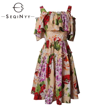 

SEQINYY 100% Cotton Dress 2020 Summer Spring New Fashion Design Women Flowers Printed Ruffles Orange Mini Dress