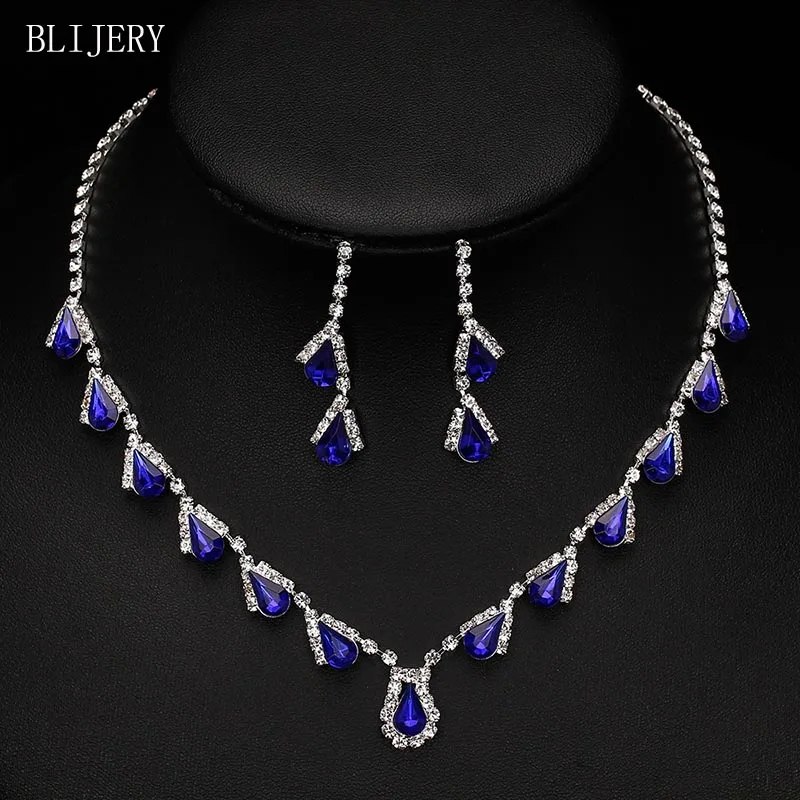 199J01 BLIJERY, Модный Королевский синий кристалл, свадебный ювелирный набор для невесты, для женщин, посеребренное ожерелье, серьги, свадебные ювелирные наборы - Окраска металла: 199J01