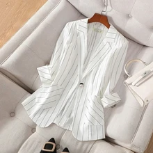 

Unlined Striped Three Quarter Sleeves Plus Size 4XL Slim Blazers Summer Chic OL Formal Suit Coat Casual Classic Work Outwear