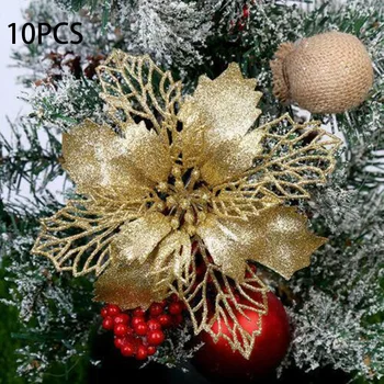 

10X Christmas 11cm Poinsettia Glitter Flower Tree Hanging Party Xmas Decor Hollow Leaf Christmas Tree Decoration Flower DIY