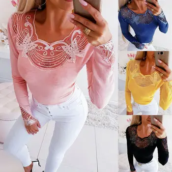 

Women's Blouse Lace Sequins Blouse V Neck Long Sleeve Slim Fit Tops Fashion