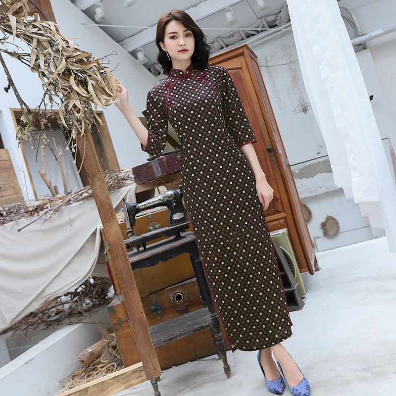 Сексуальное женское длинное платье Cheongsam, весеннее винтажное платье в китайском стиле, модное велюровое платье Qipao, тонкое вечернее платье на пуговицах, Vestido M-XXXL