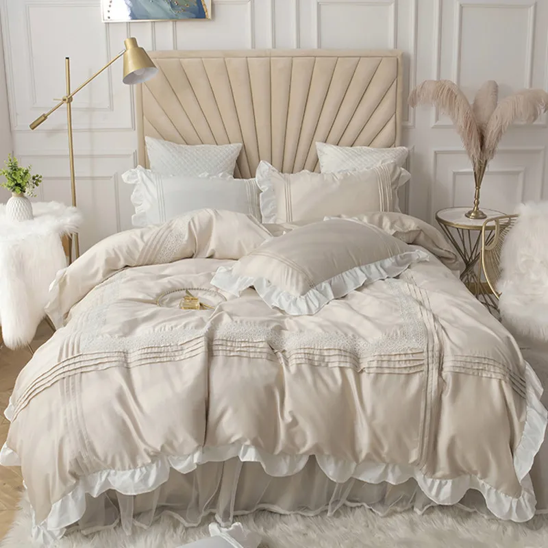 Europe Princess Bedding Sets Cotton Solid Color Lace Bedspread Beige Ruffle Duvet Cover Bed