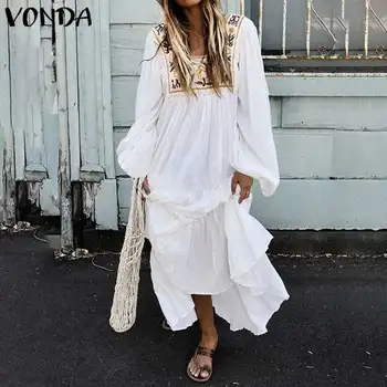 

VONDA Vintage Womens Bohemian Dress Autumn Long Sleeve Party Maxi Long Dress Casual Loose Vestido Vintage Sundress Plus Size 5XL