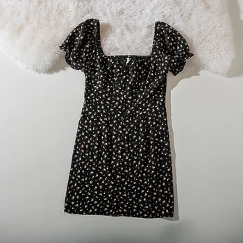 

Cthink 2020 Flower Women Summer Dress Fashion Square Collar Short Lantern Sleeve Slim Mini Print Black Dress New Women's Dresses