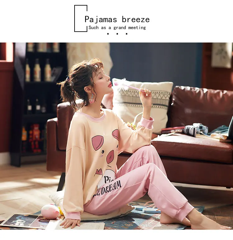 Новые женские пижамные комплекты Осенняя Милая одежда для сна с длинными рукавами и принтом из мультфильмов для девочек пижамы Mujer ночная рубашка для отдыха Одежда для взрослых