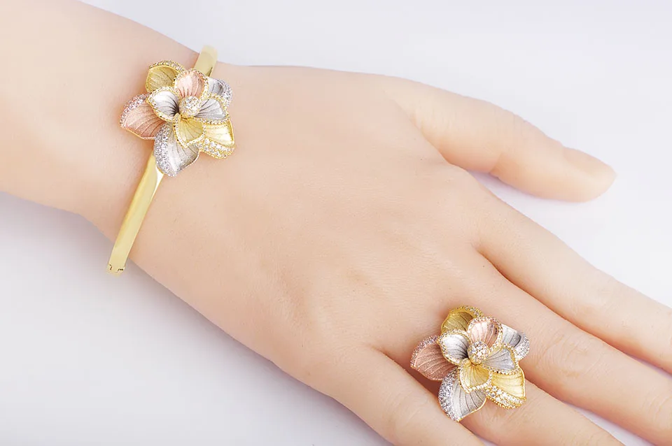 Blucome 3 Tones Cubic Zircon Flower Bangle Ring Sets Luxury Copper Wedding Bridal Jewelry Set For Women Adjustable Ring Gifts