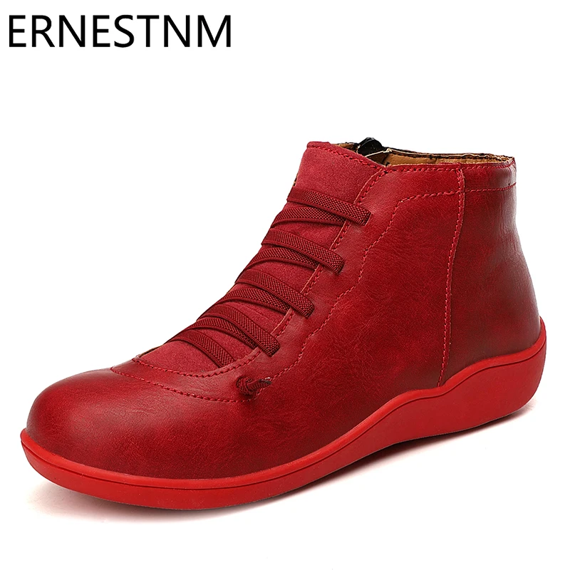 

ERNESTNM Autumn Spring Boots Women Casual Vintage PU Leather Low Heel Gladiator Round Toe Zip Ladies Ankle Wedge Boot Rain Boots
