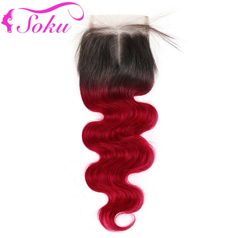 1B 99J/Burgundy Human Hair Bundles With Closure 4x4 Brazilian Body Wave 3 Bundles With Closure Non-Remy Hair Weave Bundles SOKU