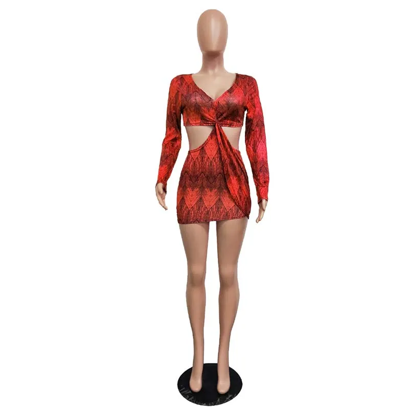 Beyprern, сексуальное мини-платье с вырезами и завязками, для женщин, глэм, длинный рукав, глубокий v-образный вырез, неоновое платье, Vestidos, Клубная одежда - Цвет: Orange