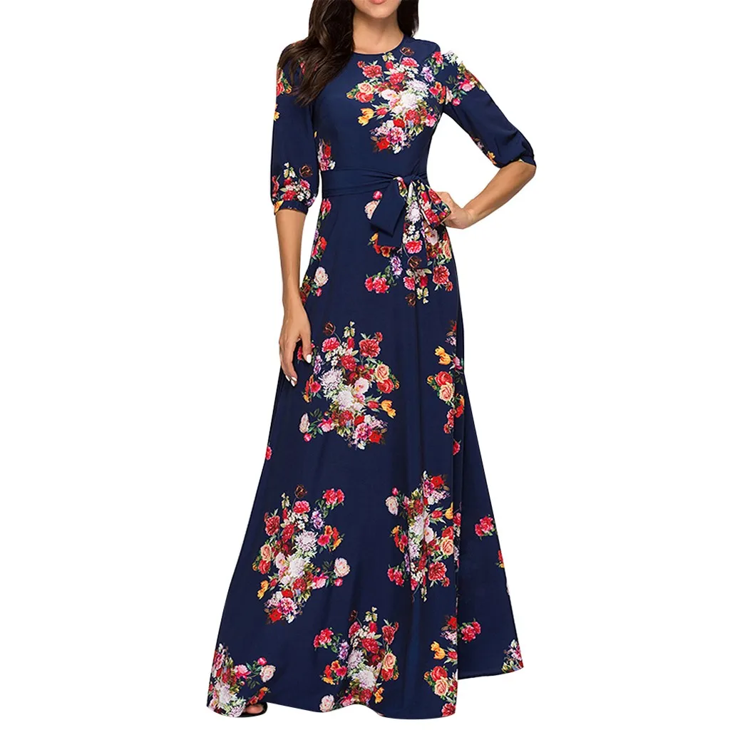 Vestidos ropa mujer, зимнее платье, женское повседневное богемное рождественское платье с принтом, с круглым вырезом, с рукавом 3/4, вечерние платья, robe femme