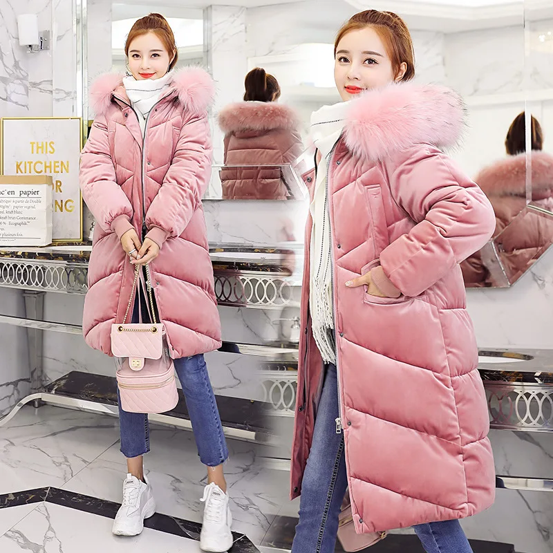 

2018 Winter New Style down Jacket Cotton-padded Clothes Korean-style Large Size Gold Velvet Coat Mid-length Loose-Fit Large Fur