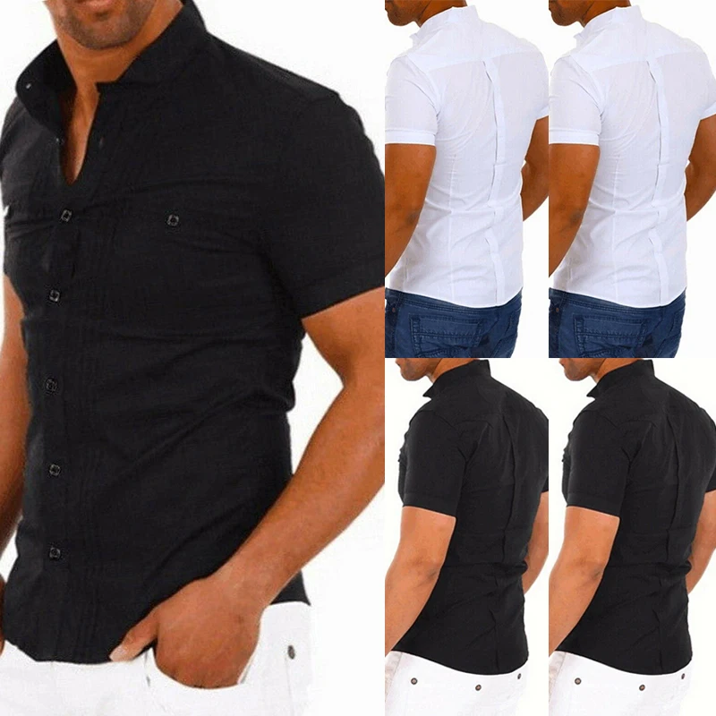 Men V Neck Formal Slim Fit Solid Shirt Tops 2019 Clothes For Men Black White Mens Summer Casual Short Sleeve Button Down Shirts