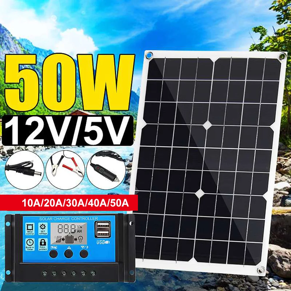

New 50W 12V/5V Silicon Solar Panel Dual Output USB Solar-Battery-Charger with 10/20/30A/40A/50A MPPT Solar Charge Controller