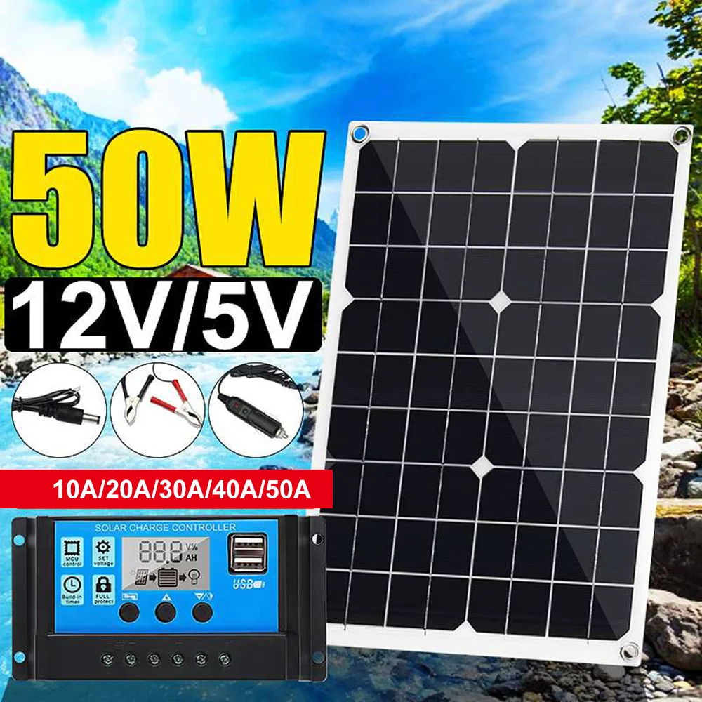 50W 12V 30A Funien Panel Solar 50A 40A 5V Panel Solar de silicio monocristalino Cargador de batería Solar USB de Salida Dual con Controlador de Carga Solar 10/20