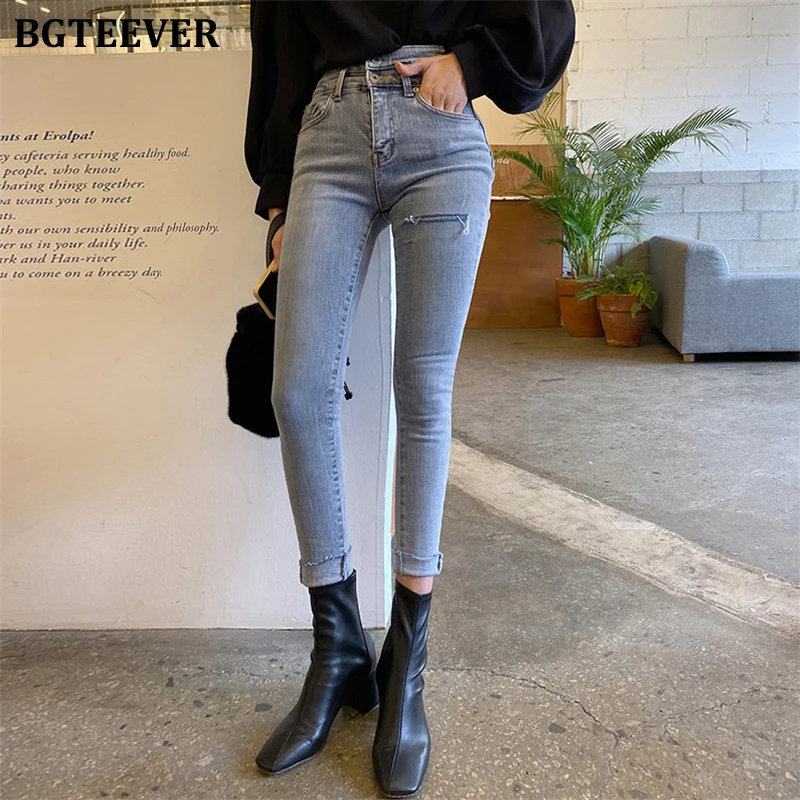 BGTEEVER Streetwear High Waist Buttons Women Jeans Skinny Ripped Holes Pencil Jeans for Women Stretch Denim Pants femme 2020 BGTEEVER Streetwear High Waist Buttons Women Jeans Skinny Ripped Holes Pencil Jeans for Women Stretch Denim Pants femme 2020