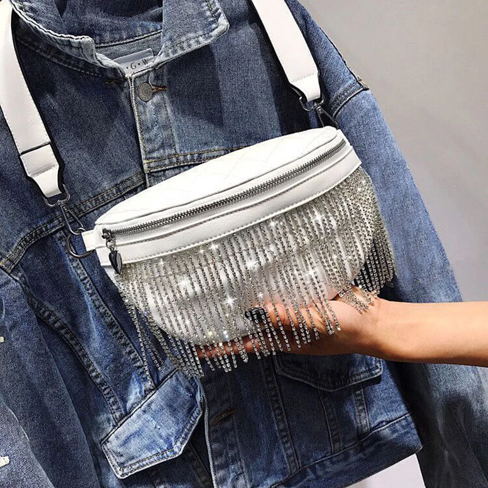 Tassel Waist Bag Women Leather Fashion Fanny Pack Crystal Phone Pouch Girls Chest Belt Bag Black Plaid Shoulder Waist Packs