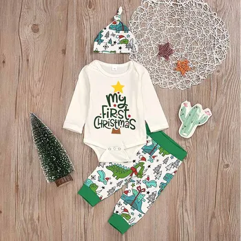 

Baby Girl Boy Christmas Party Cute Cartoon Letter Print Long Sleeve Romper Tops Trousers Hat Outfits Autumn 3Pcs