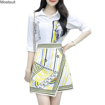

Summer Spring Fashon Print Two Piece Set For Women Buttons On Bodycon Blouse Shirt Tops And Mini Skirt Suit Outfits Korean 2020
