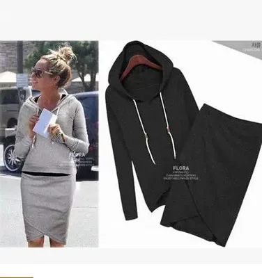 

Western Style Long Sleeve Hooded Sheath Tops + Irregular Skirt Casual Two Pieces Hoodie Suit