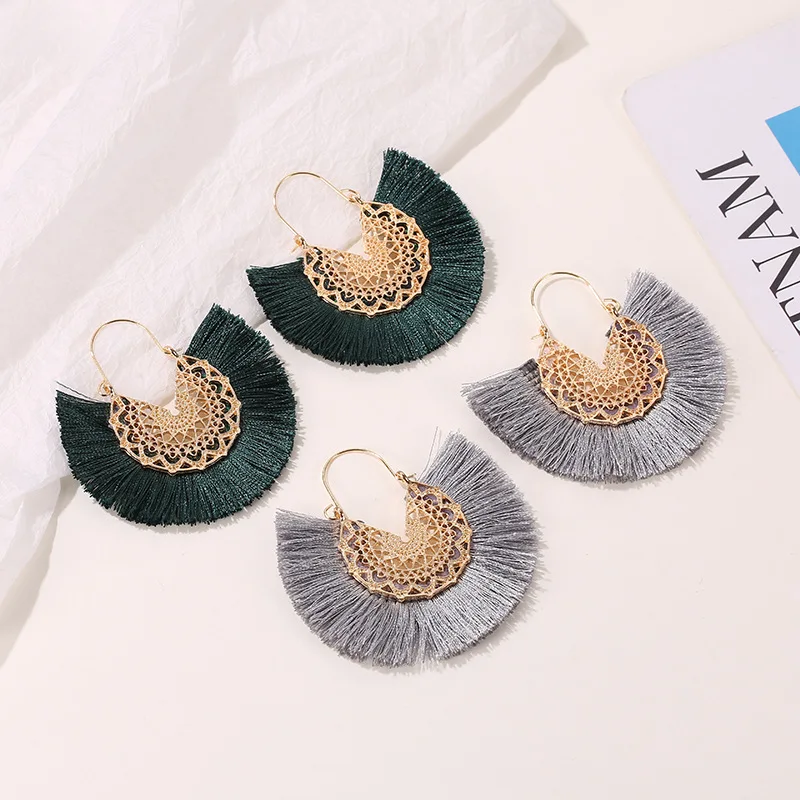 Tassel Lace Fan Retro Pattern Red Alloy Blue Khaki Black Grey White Yellow Dangle Earrings & Drop Earrings for Women 5