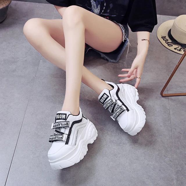 Rimocy thick bottom chunky sneakers women white black patchwork high platform shoes woman casual autumn winter