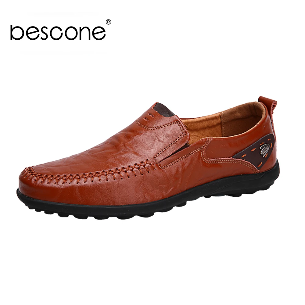 

BESCONE Fashion New Men Casual Shoes Patchwork Sewing Decoration Loafers Shallow Shoes High Quality Cow Leather Casual Shoes BD3