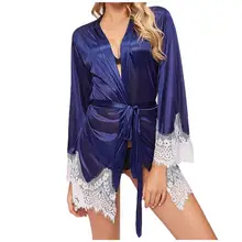Новая модная женская кружевная Шелковая пижама с v-образным вырезом и длинным рукавом, одежда для сна, халат с поясом, женская одежда для сна