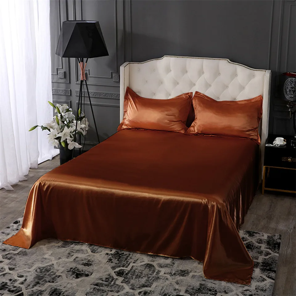 Parkshin Wholesale Blue Luxury Silk Flat Sheet Silky Pillowcase Queen King Bed Sheet Healthy Bed Linen Set For Christmas
