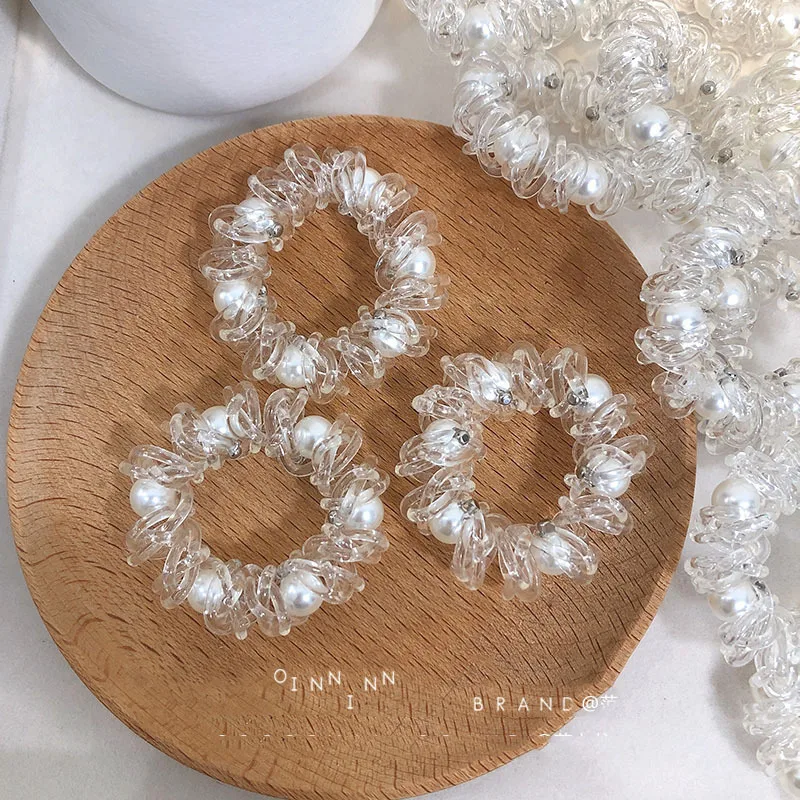 

6pack Transparent Telephone Ring Hair Rope Pearl Rivet Head Rope Belt Telephone Line Hair Ring Female Pill Head Korean Telephone