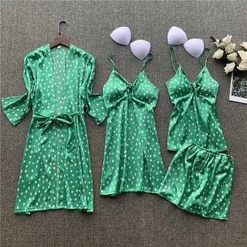 

Polka dot Printed 4PCS Pajamas Suit Lingerie Women Satin Sleepwear Kimono Casual Bride Bridesmaid Wedding Gift Sexy Nightgown