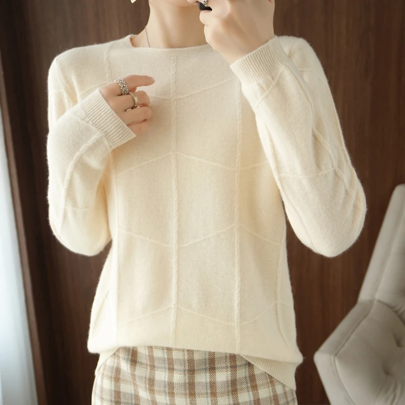 Autumn Winter New Ladies O-neck Long-Sleeved Knitted Pullover Cashmere Wool Checkered Pattern Sweater Casual Slim Bottoming sweater hoodie Sweaters