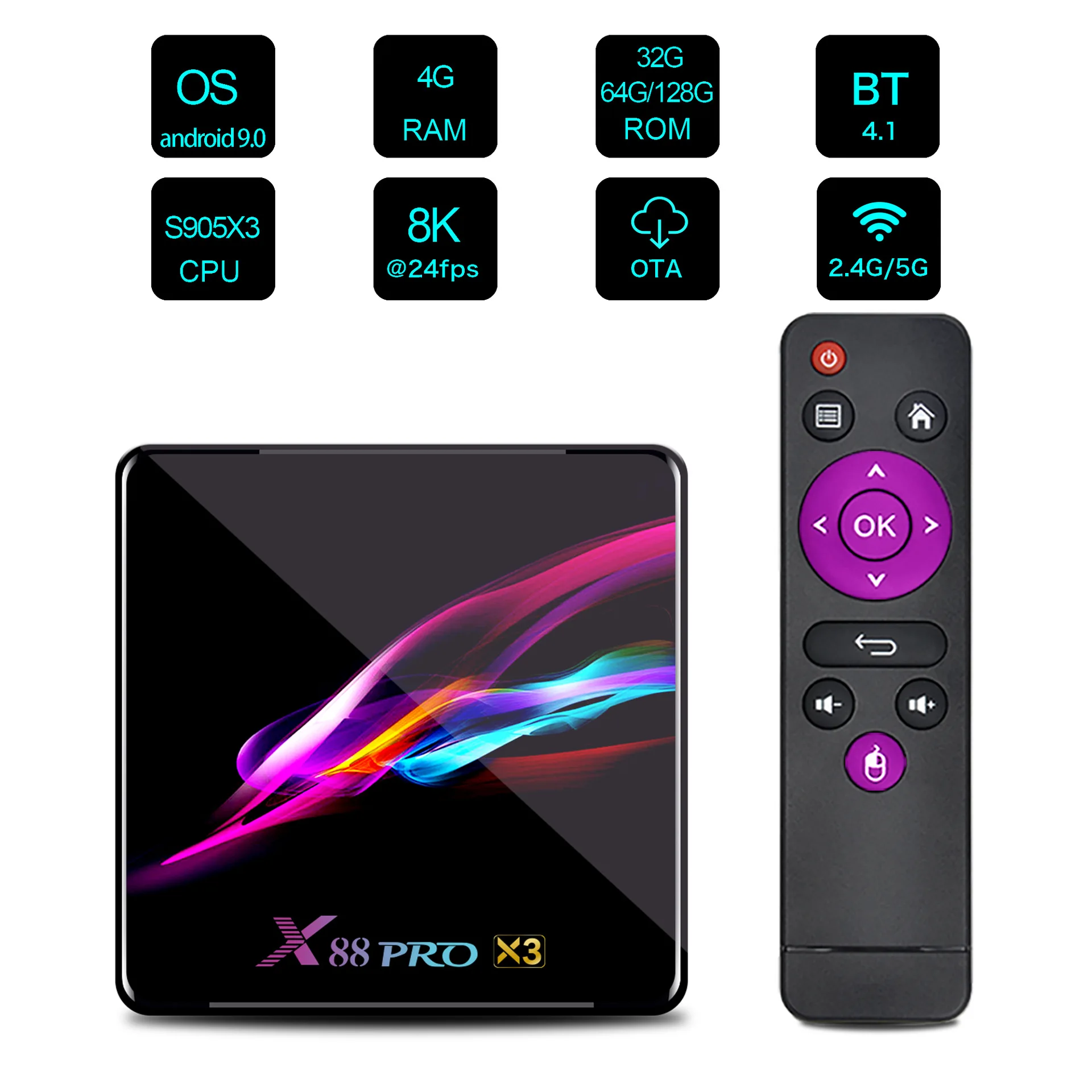 X88 PRO X3 Android 9.0 Smart TV BOX 4G /64G 128G TV BOX Amlogic S905X3 H.265 8K BT 2.4 5G WiFi Media Player Set Top Box X 88 PRO
