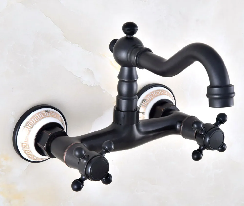 

Black Oil Rubbed Bronze Bathroom Kitchen Sink Faucet Mixer Tap Swivel Spout Wall Mounted Two Handles mnf871