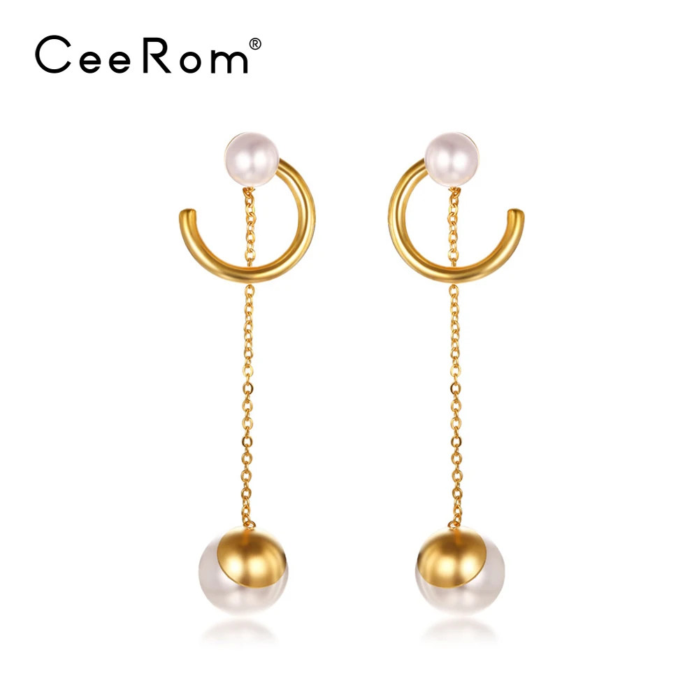 

CeeRom Drop Earrings For Women Imitation Pearl Long Chain Earings Stainless Steel Jewelry Oorbellen Mujer Moda