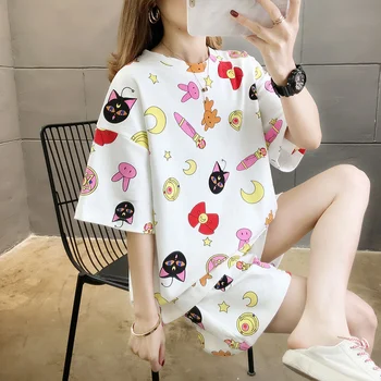 

Cute Cartoon Print Women Pajamas Set Girls Short Sleeve Elastic Waist Home Clothes Female 2020 Summer O-neck Ladies Sleepwear