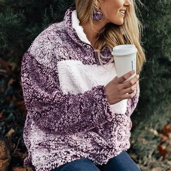 

2019 Fashion Patchwork Zipper Up Turtleneck Sweatshirts Women Winter Fleece Warm Pullovers Casual Loose Soft Long Sleeve Coat