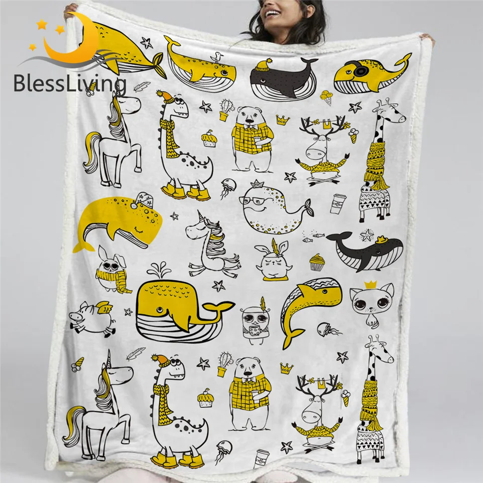 

BlessLiving Kids Cartoon Throw Blanket Doodle Animal Linen Blanket Cat Dog Dachshund Custom Blanket Yellow Whale Plush Bedlinen