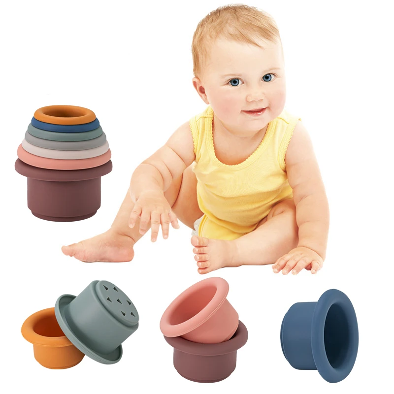 7pcs Baby Stacking Cup Toys Montessori Toddler Bath Toys Silicone Stack