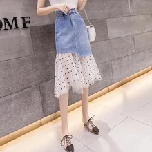 Новинка, летняя женская джинсовая юбка, Лоскутная, с высокой талией, в горошек, сетчатая, с длинным шлейфом, юбки синего цвета, 8094