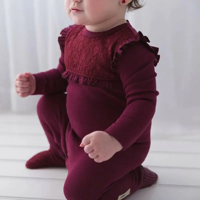 Emmaaby/Модная однотонная Рождественская Одежда для новорожденных, маленьких мальчиков и девочек кружевной комбинезон с длинными рукавами, повседневный комбинезон, одежда для детей возрастом от 0 до 18 месяцев