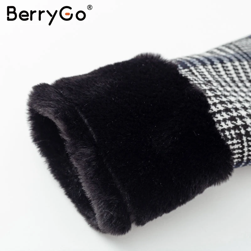 BerryGo повседневное Теплое Лоскутное искусственное меховое клетчатое короткое пальто женское элегантное уличное Женское пальто кнопки меховые зимние женские куртки