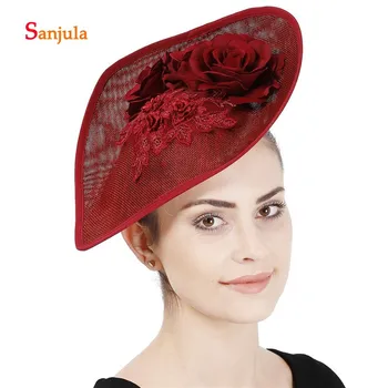 

Burgundy Bridal Wedding Hats Handmade Flowers Lace Women Evening Party Hats Bridal Headwear pamelas para boda H385